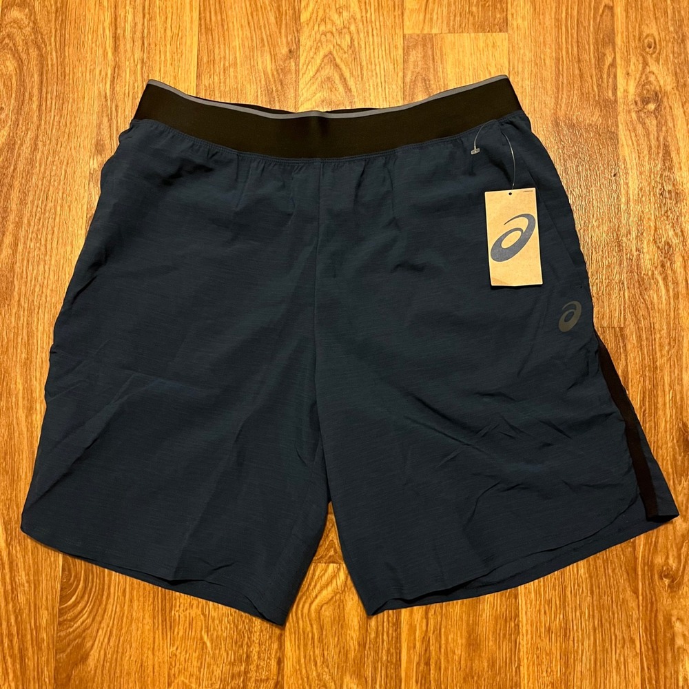 New ASICS Train Shorts Men Large 9"  Navy Blue Athletic‎ Performance